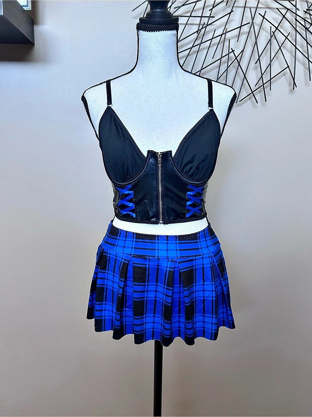 NWOT 3 Piece Blue & Black Plaid Corset Skirt Set with Matching Thong Sz Small